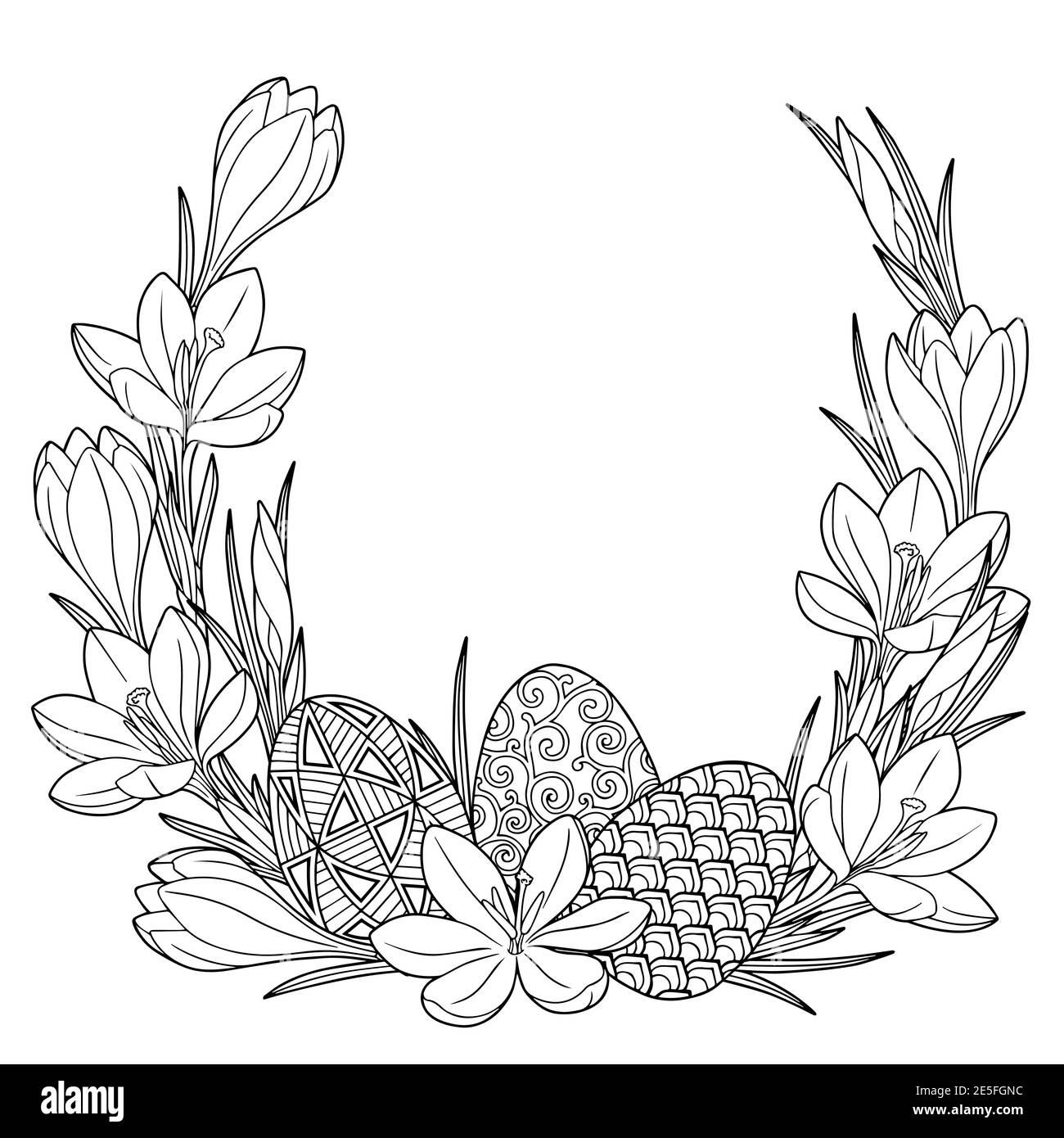 Happy easter frame with black and white doodle easter eggs and spring crocus flowers coloring book for adults for relaxation and meditation vector stock vector image art