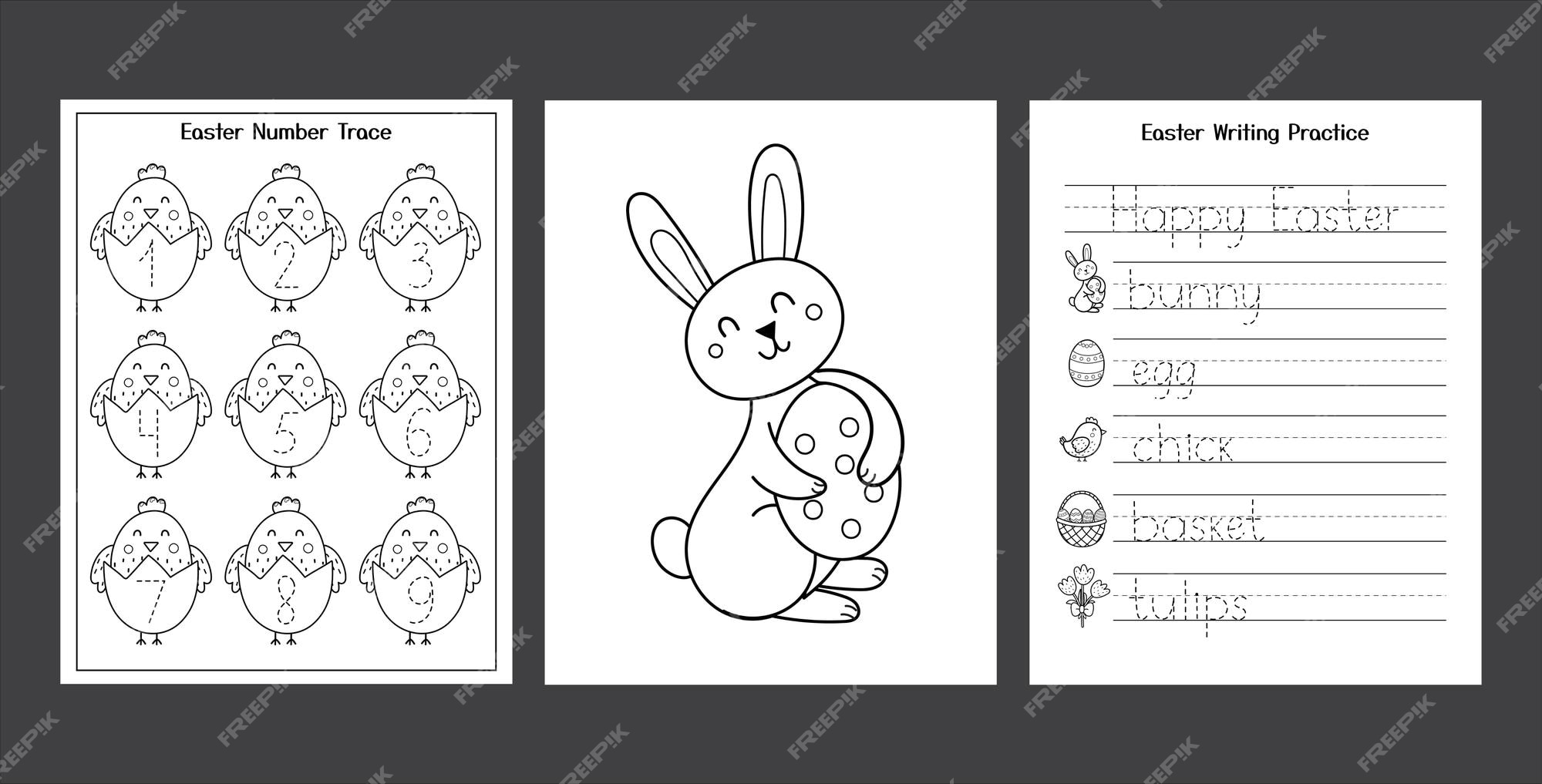 Premium vector easter worksheets set with cute bunny and chick black and white spring activity pages collection for kids coloring page with rabbit and eggs easter writing practice