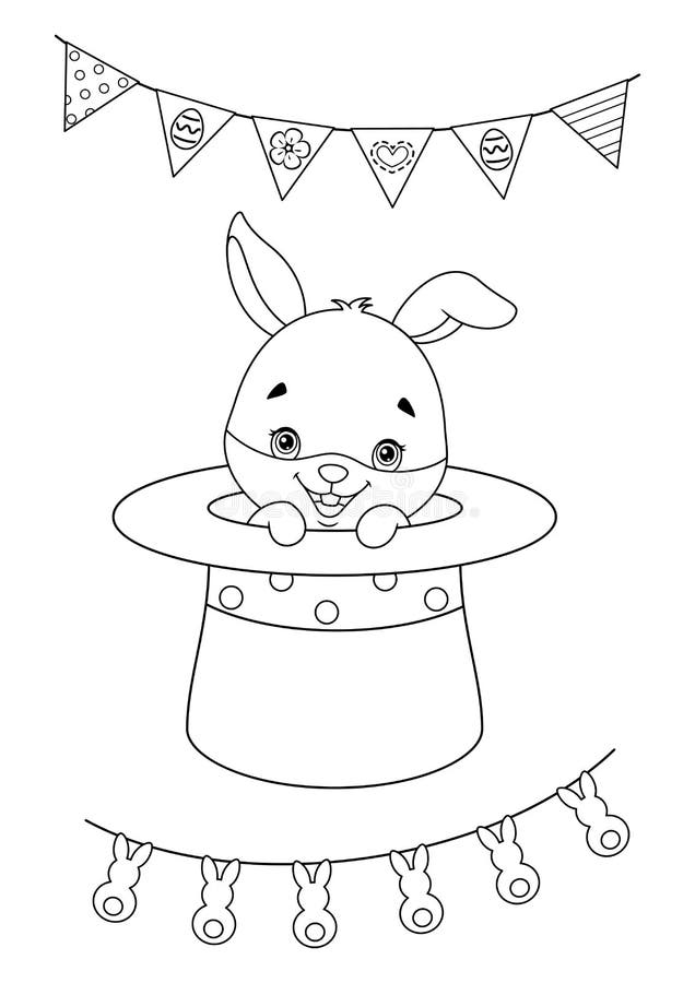 Easter bunny in magic hat coloring page stock vector