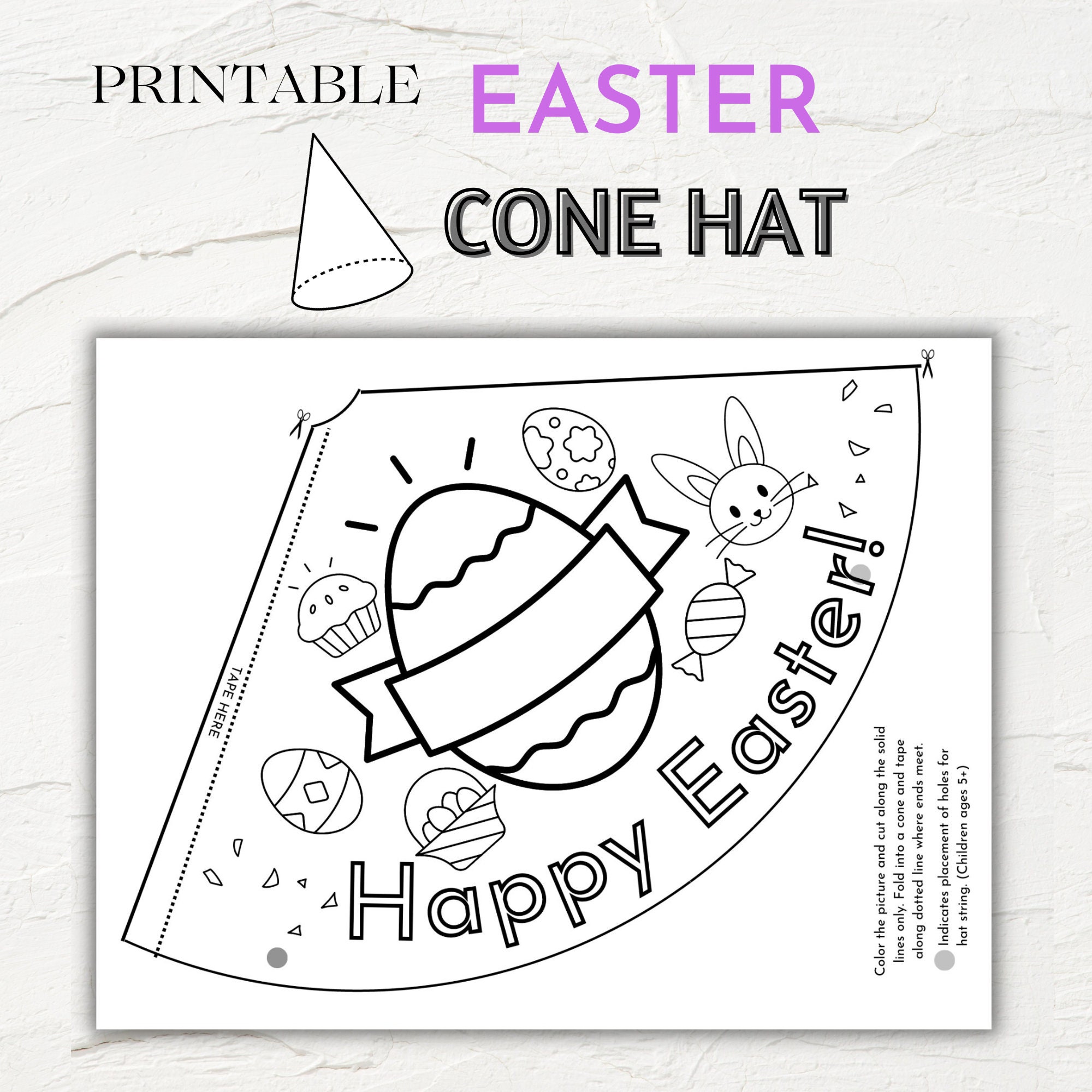 Kids happy easter cone hat printable easter activity childrens craft paper hat spring cone hat coloring page