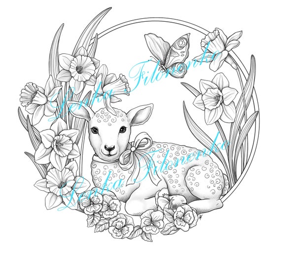 Coloring page grey scale easter lamb baby pdf download and print
