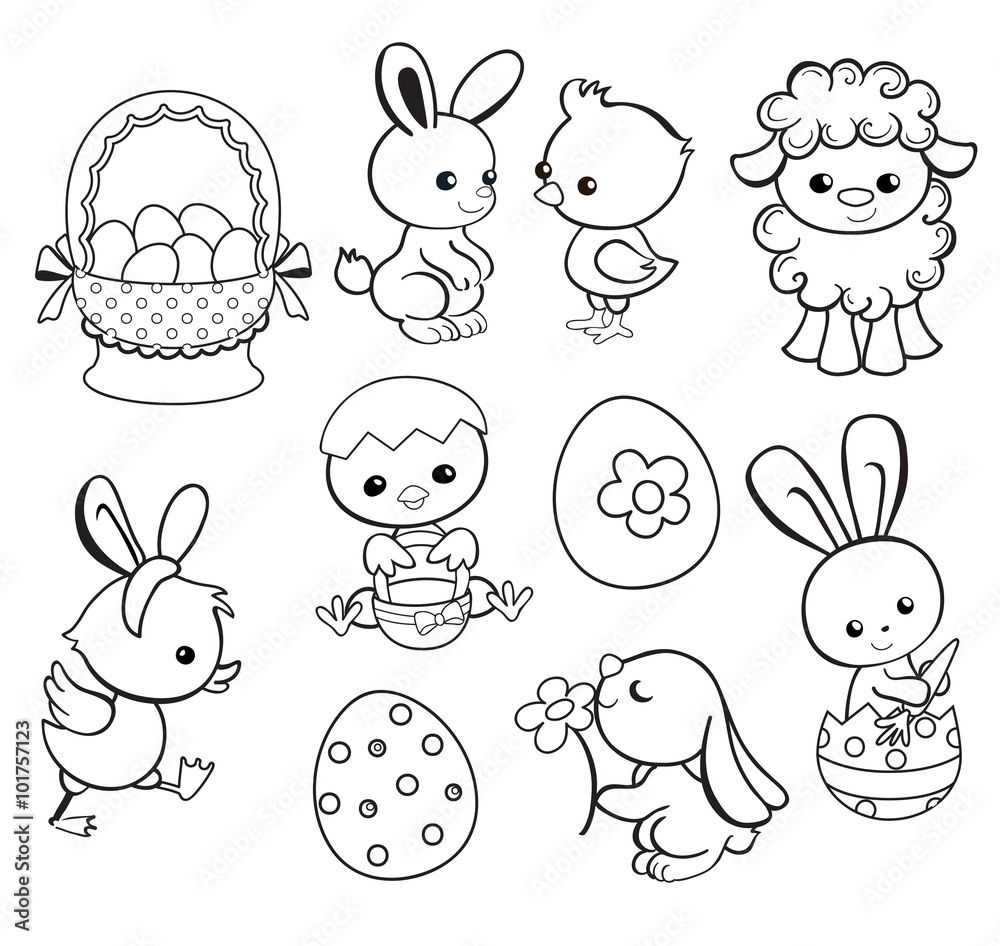 Happy easter holiday illustration with cute chicken bunny duck lamb cartoon characterscoloring page vector illustration vector