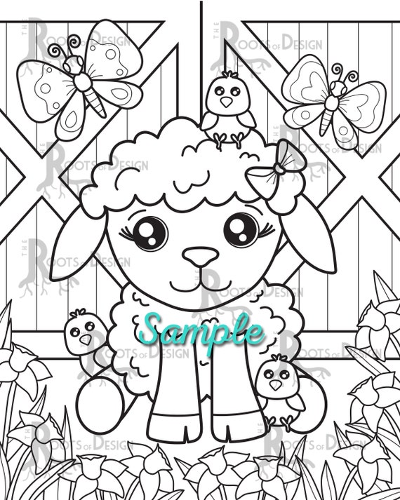 Instant download coloring page easter lamb doodle art printable