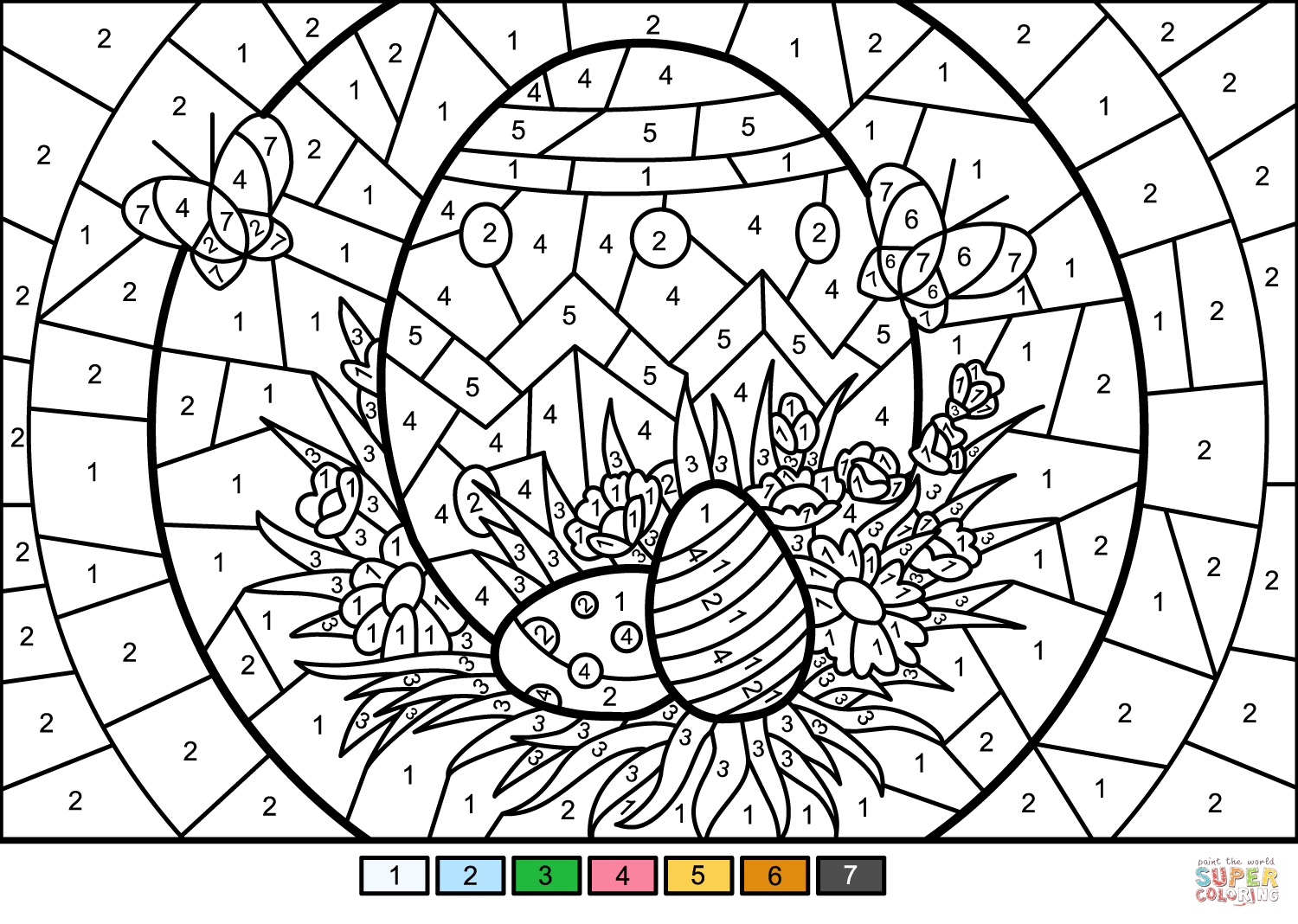 Easter eggs color by number free printable coloring pages