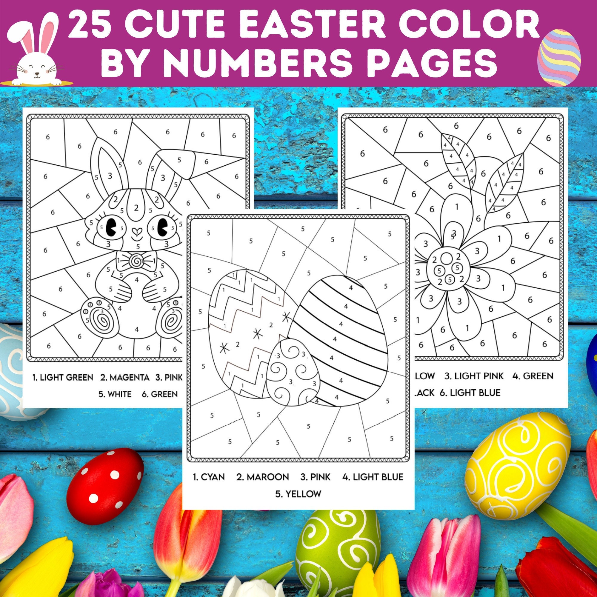 Cute easter color by number coloring page bundle kids easter coloring book easter printable kids easter coloring instant download