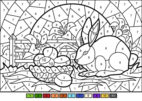 Easter scene color by number free printable coloring pages