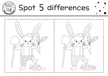 Premium vector easter find differences game for kids holiday black and white activity and coloring page with bunny