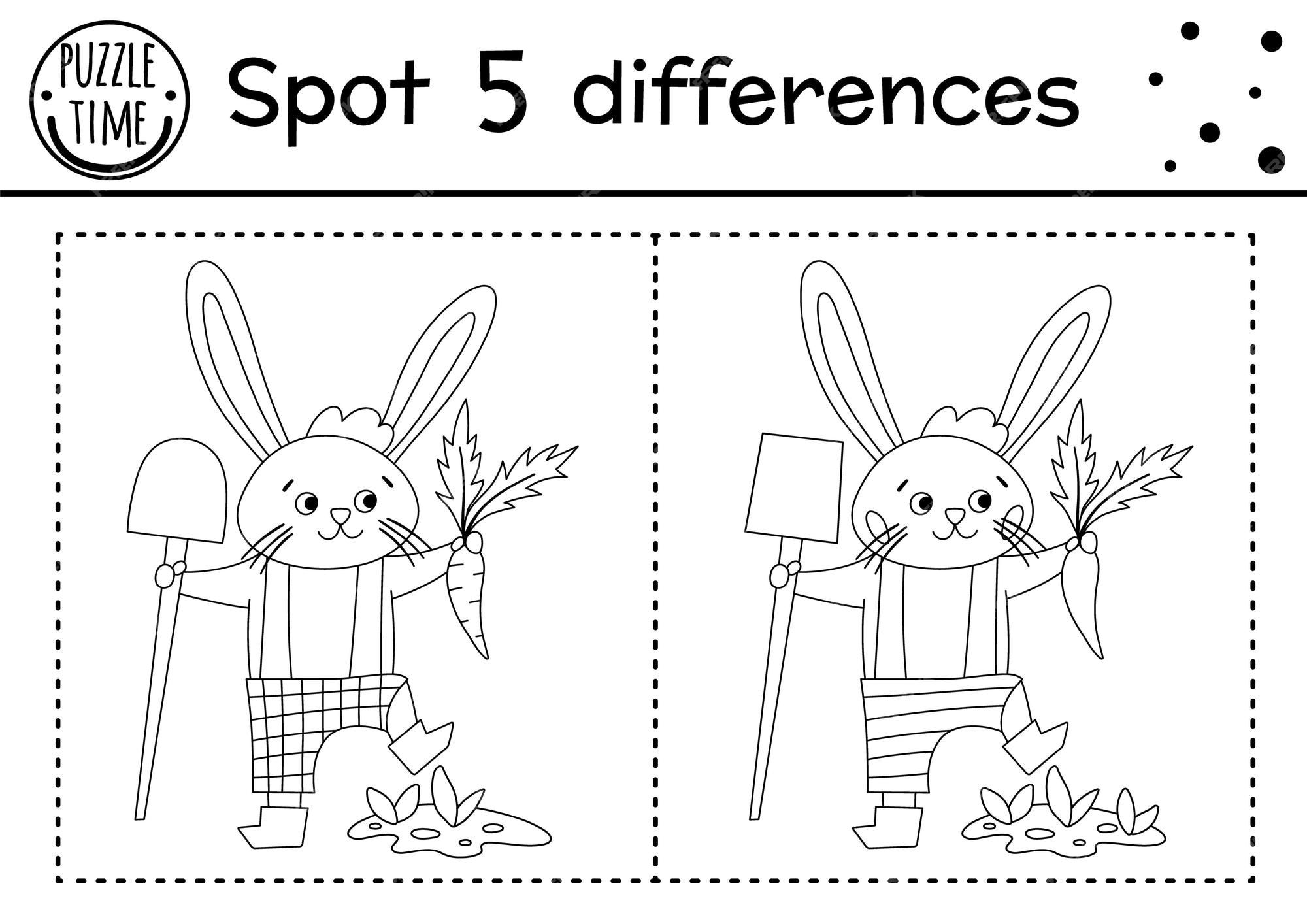 Premium vector easter find differences game for kids holiday black and white activity and coloring page with bunny