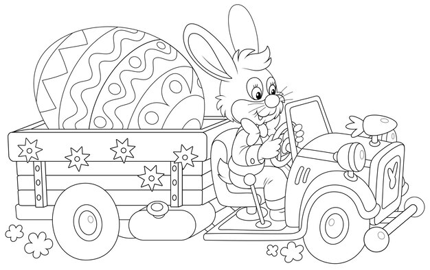 Premium vector little rabbit driving a truck with a big decorated easter egg
