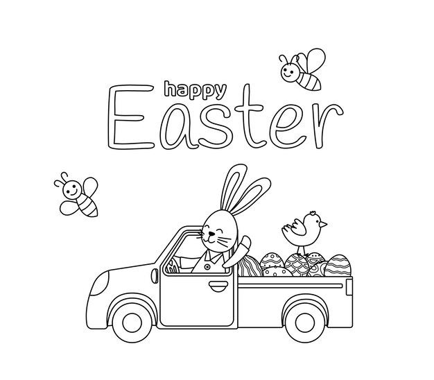 Premium vector easter bunny is driving pickup with easter eggs coloring page black and white truck vector