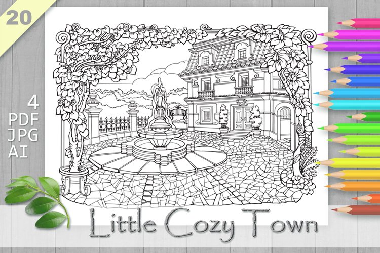Cozy town coloring page printable aesthetic