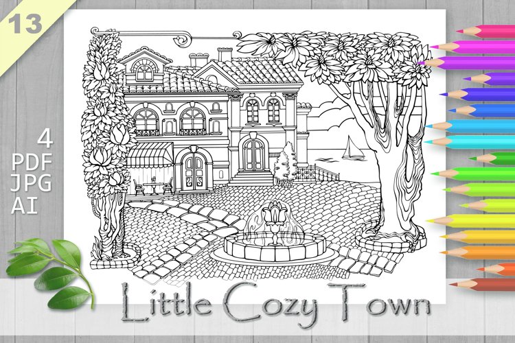 Cozy town coloring page printable aesthetic