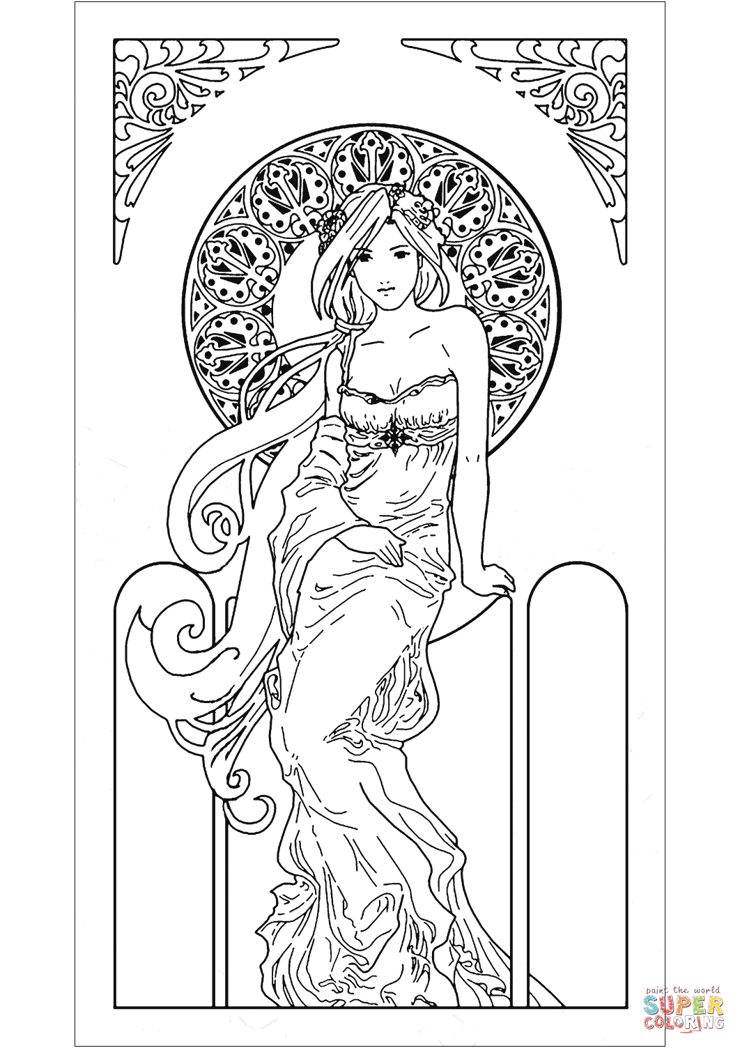 Art nouveau girl coloring page free printable coloring pages