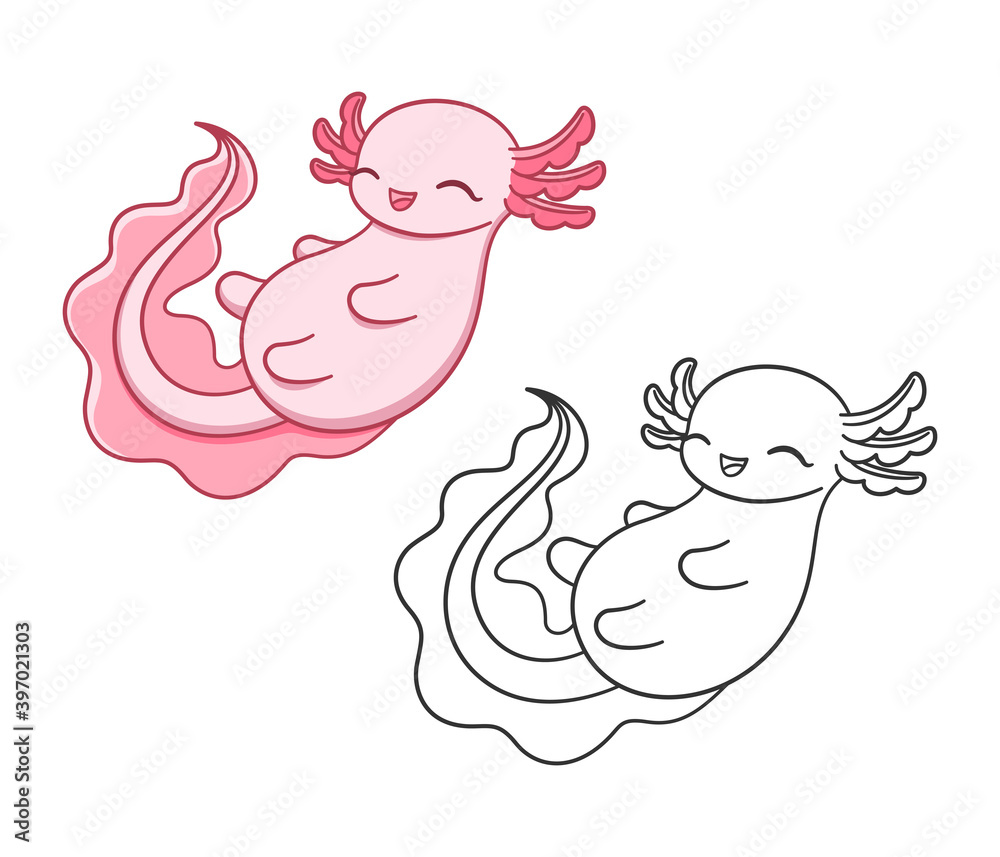 Happy axolotl cartoon vector illustration colored and outline set cute underwater aquatic animal design easy simple coloring book page activity for kids vector