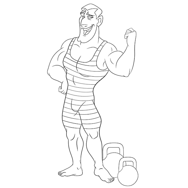 Premium vector happy bodybuilder showing biceps cartoon coloring book page for kids
