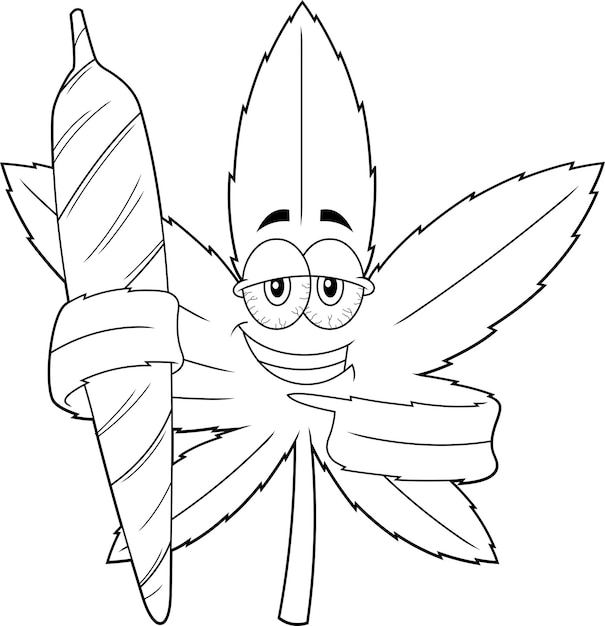 Premium vector outlined marijuana leaf cartoon character showing the best joint