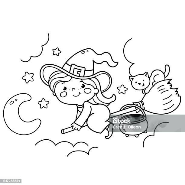 Coloring page outline of cartoon little witch on a broom with a pot and with a cat halloween coloring book for kids stock illustration