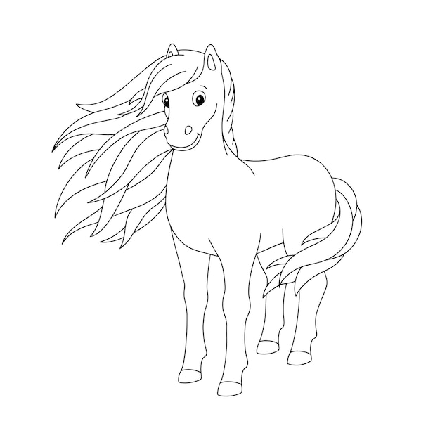 Premium vector cute horse farm animal coloring page for kids digital stamp cartoon style character