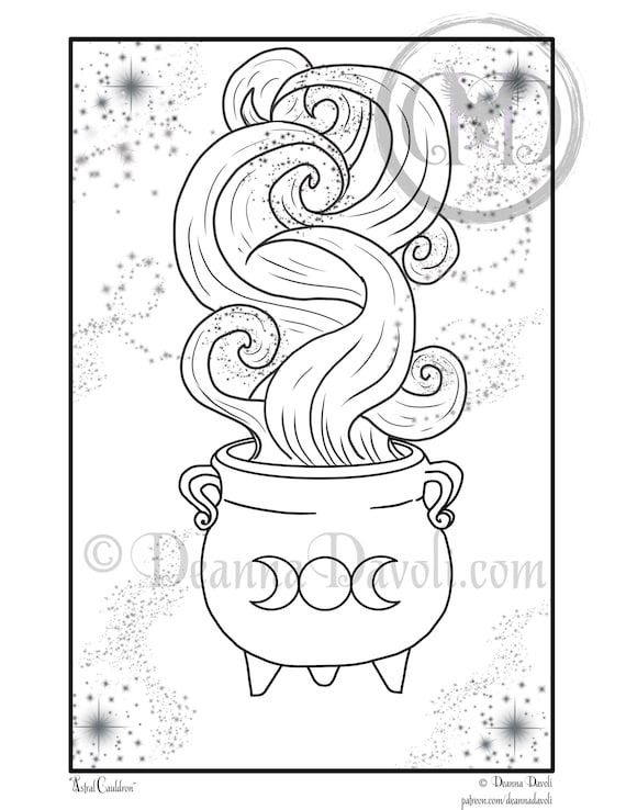 Astral cauldron coloring page witch printable digital download jpg adult coloring pages halloween galaxy triple moon goddess