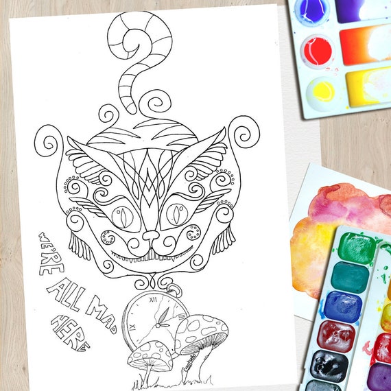 Cheshire cat easy coloring page for cat lovin mama alice in wonderland downloadable coloring page adults cheshire cat mandala zentangle cat