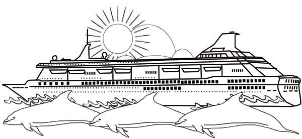 Cruise ship and three dolphins coloring pages
