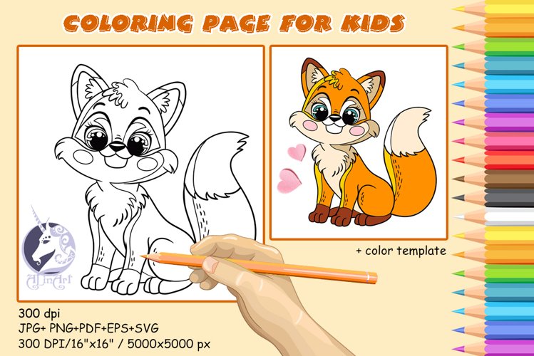 Cute fox coloring page for kids