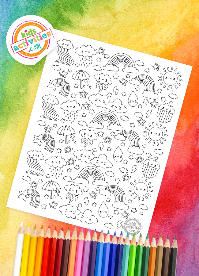 Download the cutest rainbow doodle coloring page