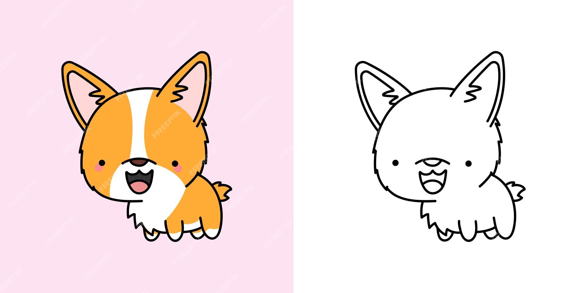 Premium vector set clipart welsh corgi coloring page and colored illustration clip art kawaii corgi
