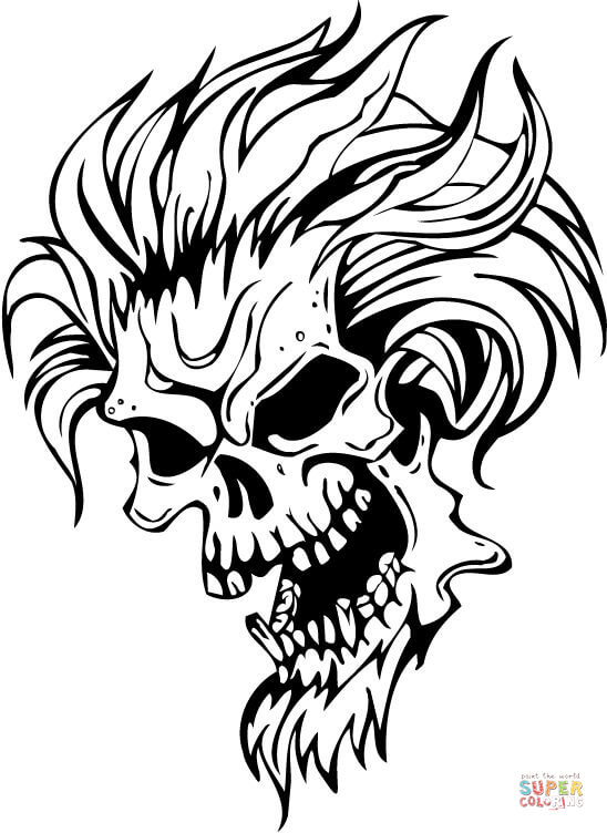 Evil skull with hair coloring page free printable coloring pages