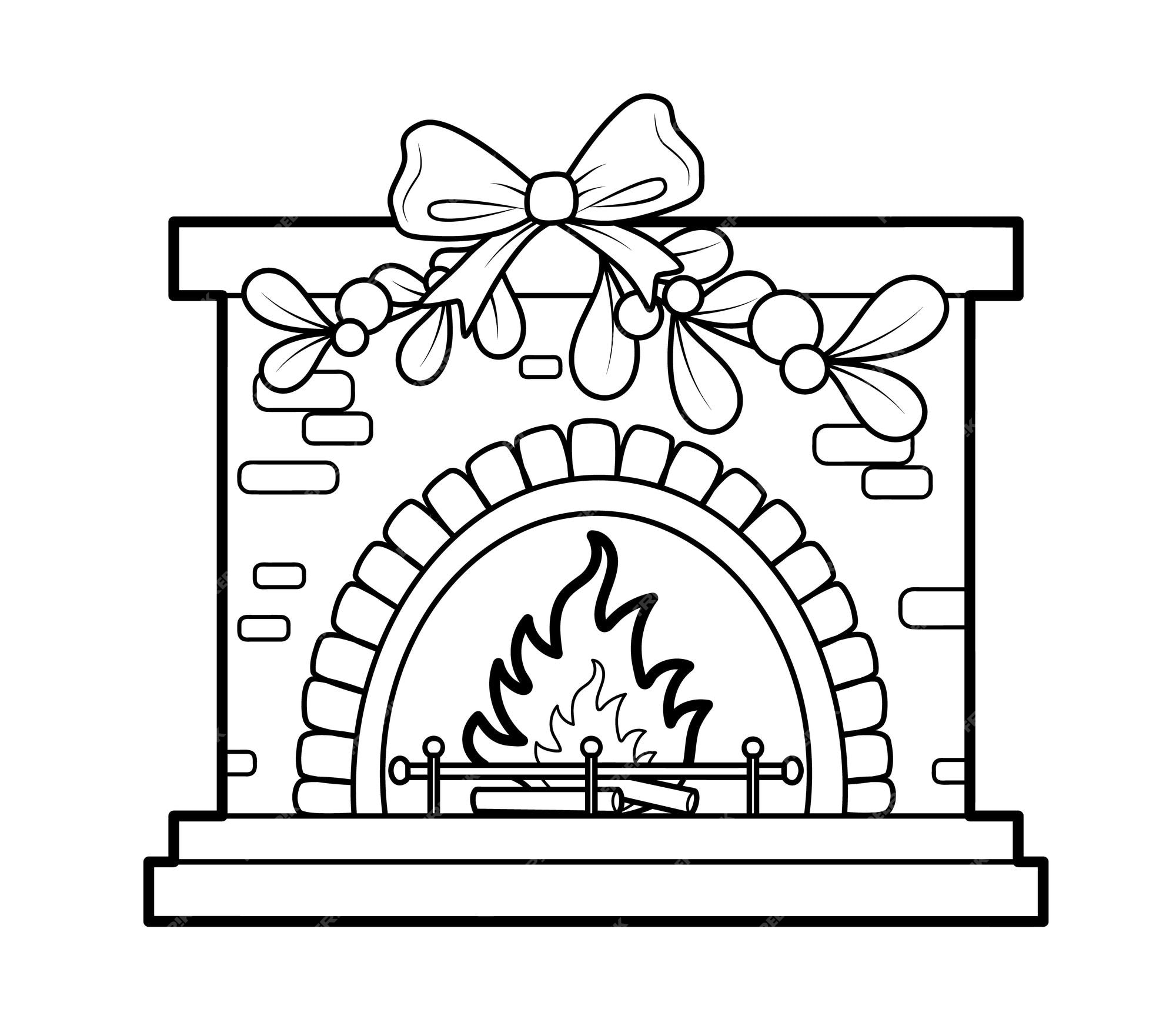 Premium vector christmas coloring book or page for kids fireplace black and white vector illustration