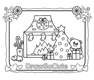 Christmas fireplace scene coloring page â draw so cute