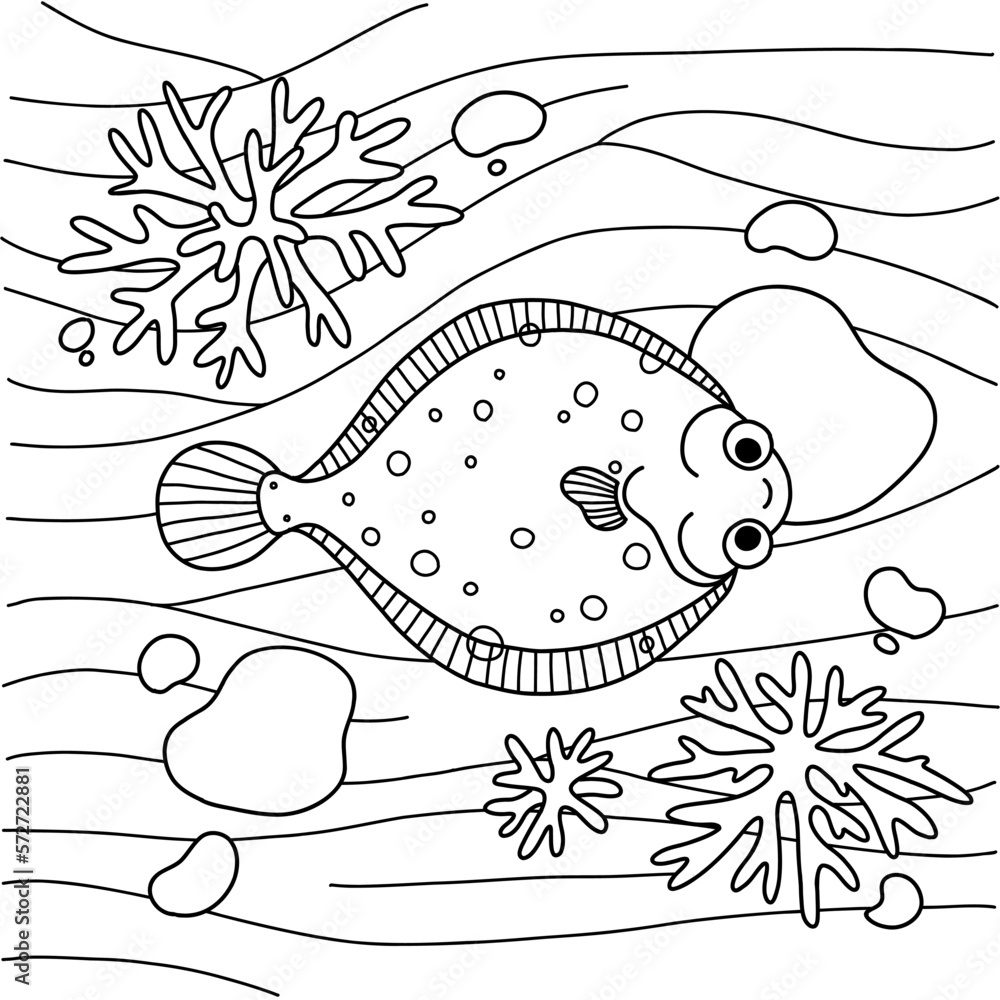 Vektorovã grafika âcute fish coloring page kawaii flounder character design simple underwater scene colouring book for kids play and education activity easy print on paperâ ze sluåby