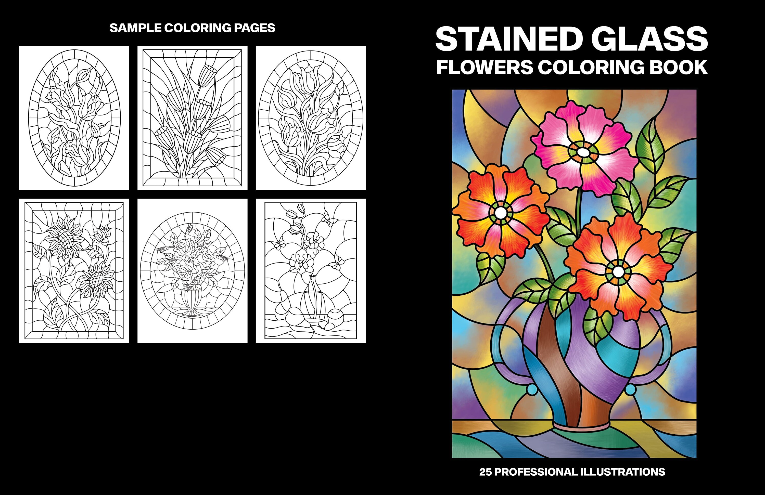 Printable flower stained glass coloring pages floral coloring sheets adult coloring book coloring activities floral color pages