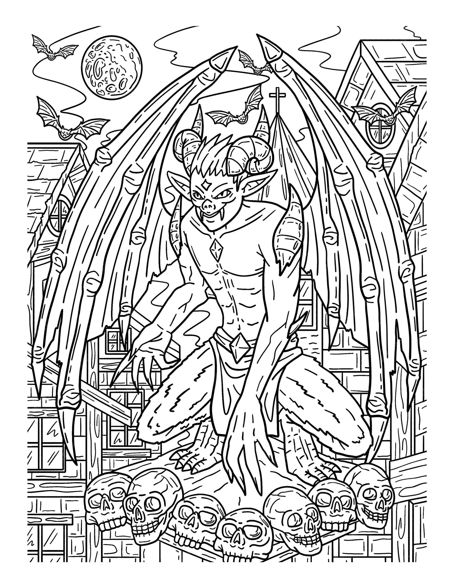 Premium vector halloween perching gargoyle adults coloring page