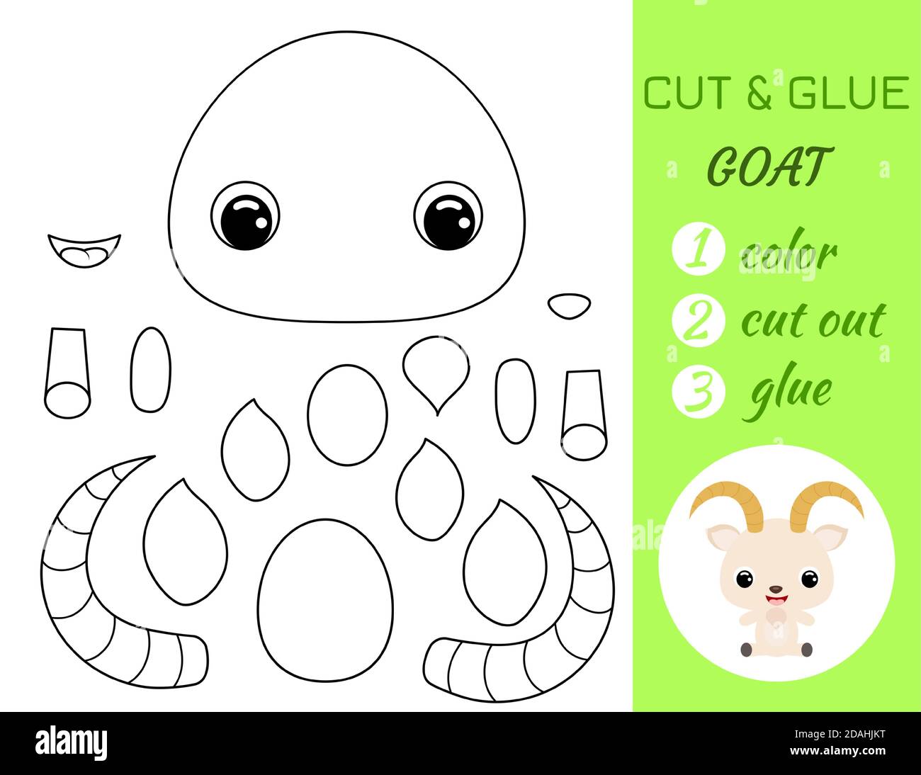 Simple educational game coloring page cut and glue sitting baby goat for kids educational paper game for preschool children color cut parts and glu stock vector image art