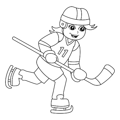 Girl playing hockey coloring page isolated stock illustration