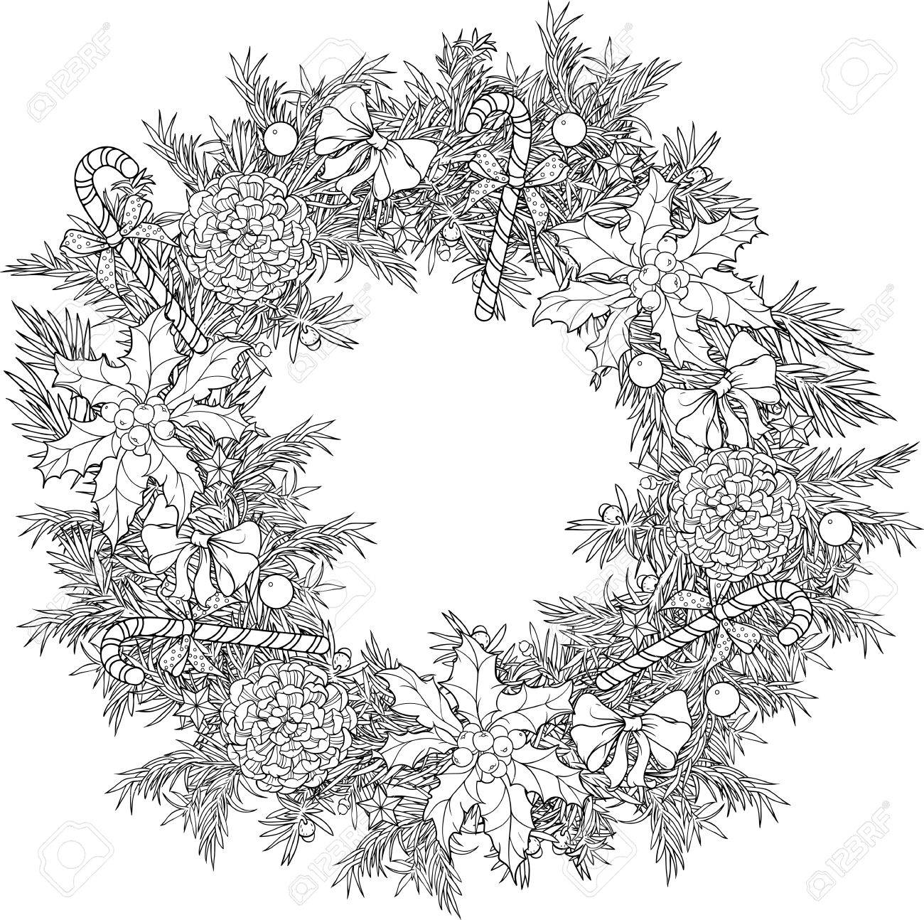 Christmas wreath with candies cones and holly leavescoloring page royalty free svg cliparts vectors and stock illustration image
