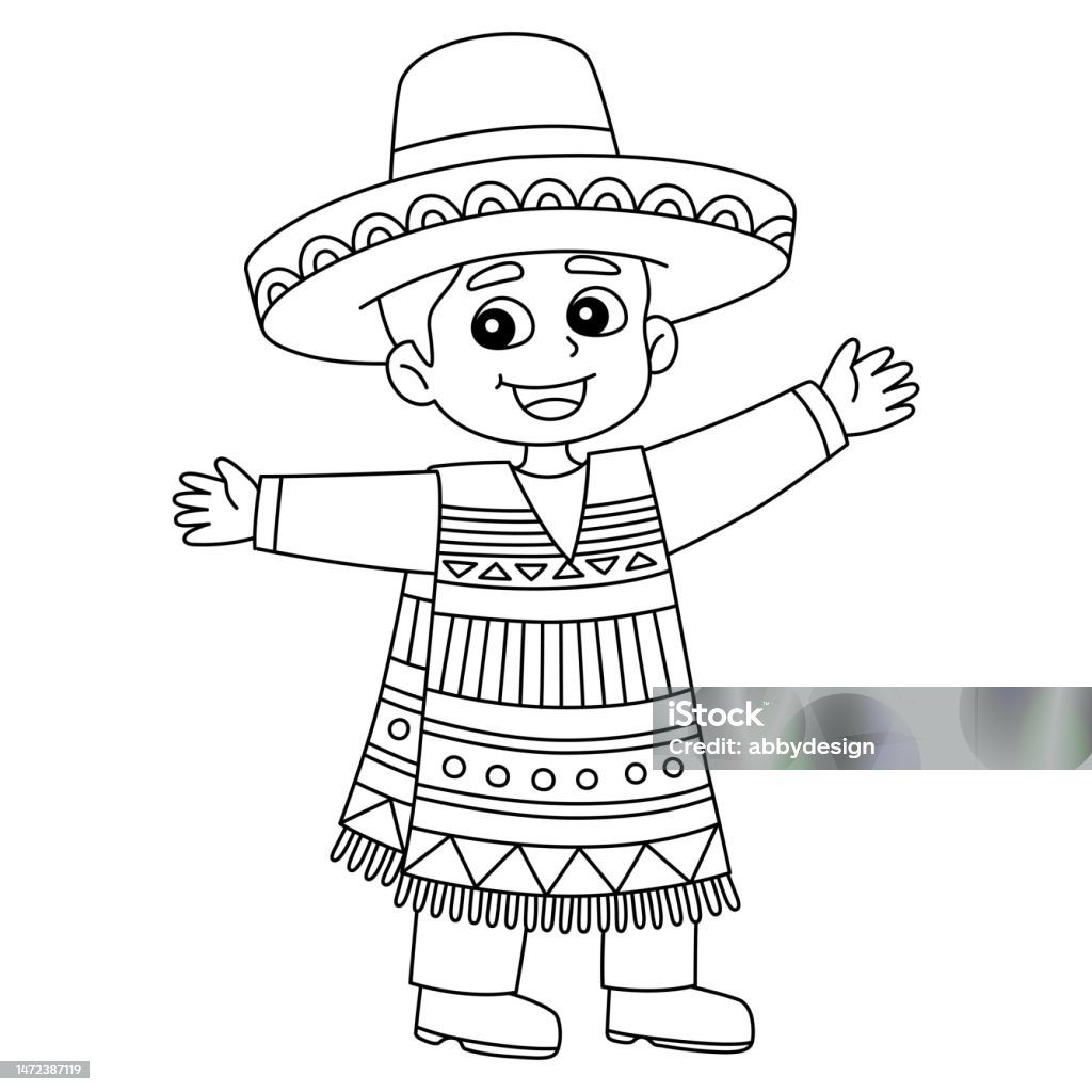 Mexican boy isolated coloring page for kids stock illustration