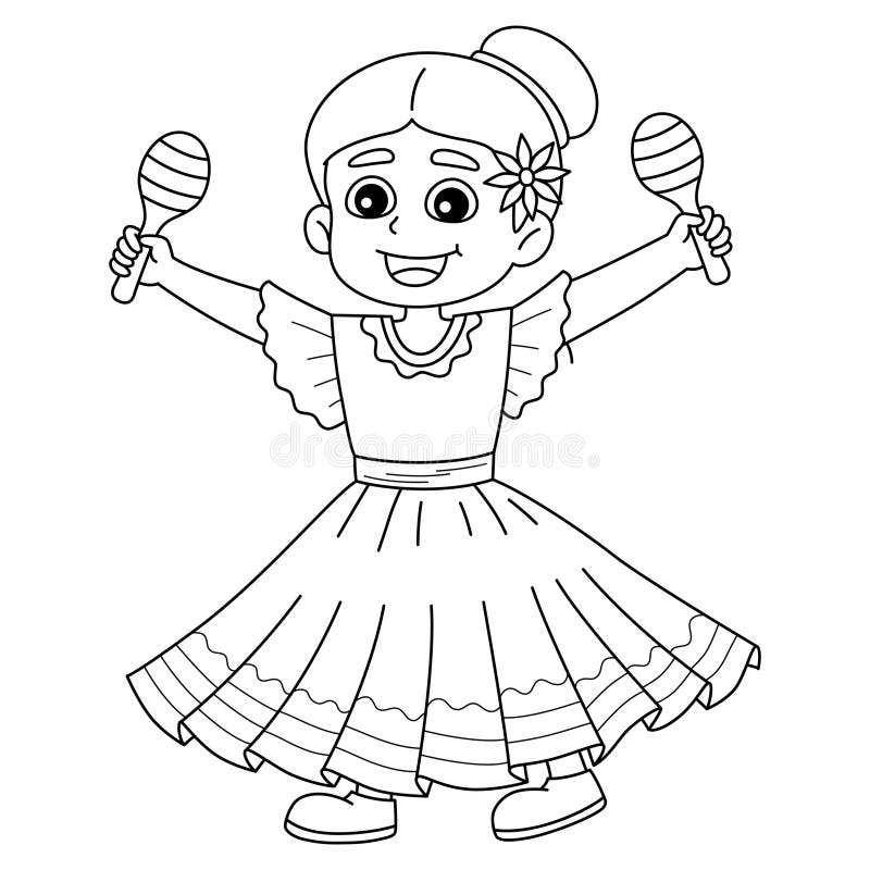 Mexican girl with maracas isolated coloring page stock vector
