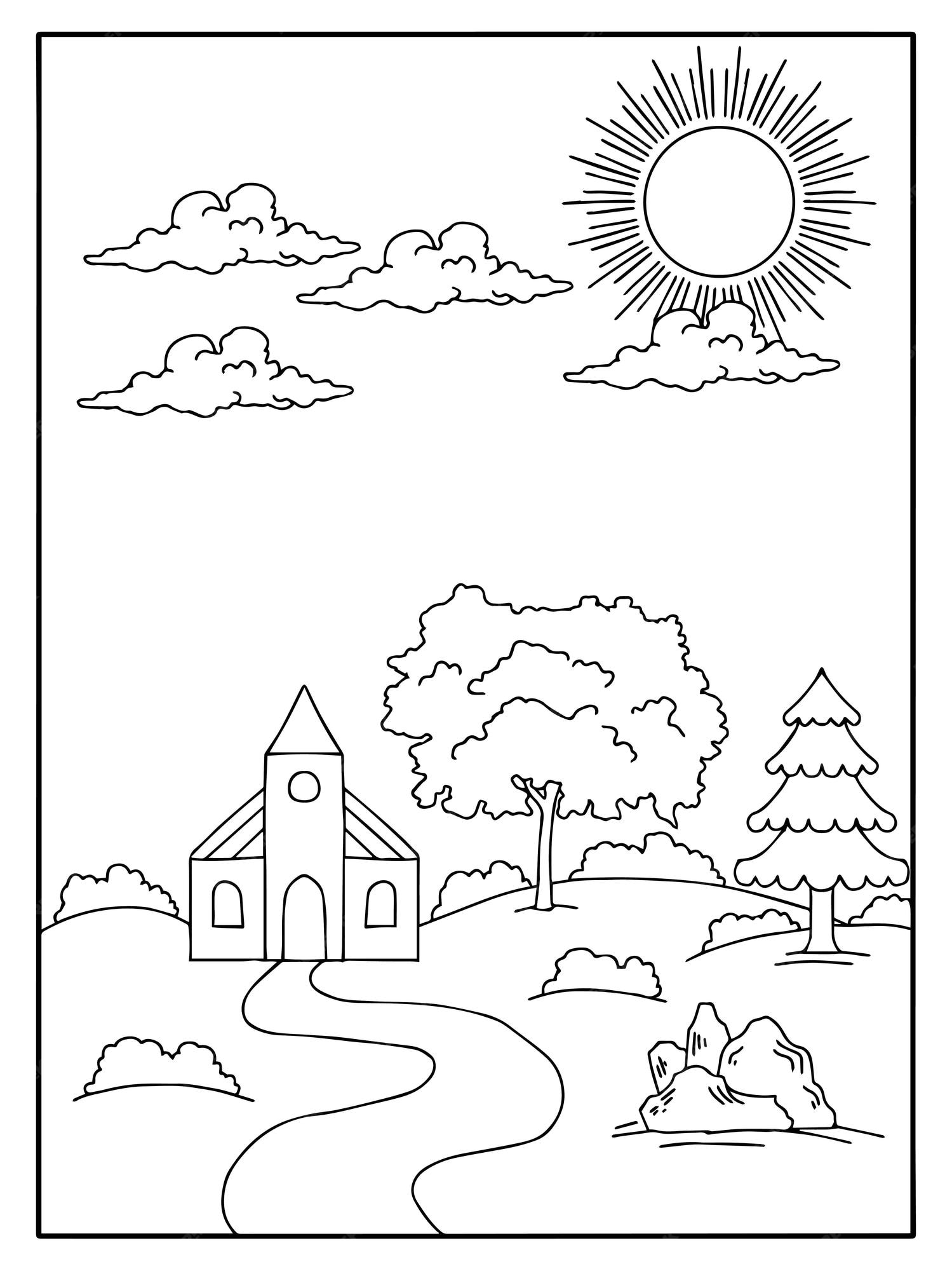 Premium vector design nature landscape outline coloring page