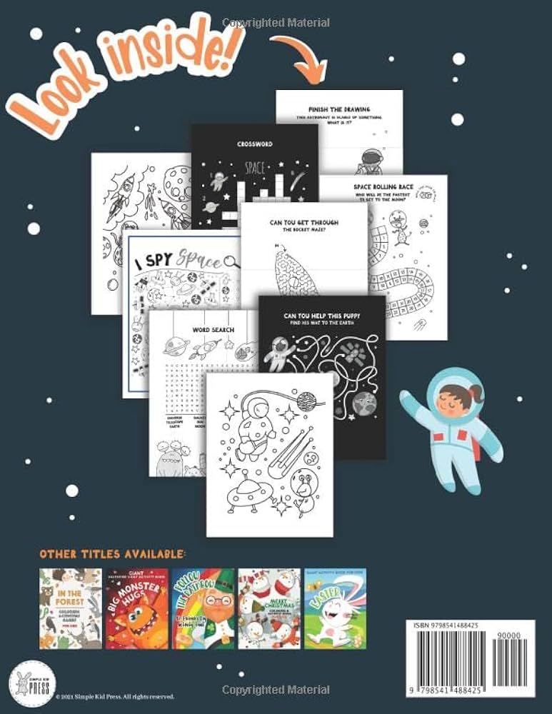 Blast off space activity book for kids coloring pages word search crossword i spy mazes drawing dot