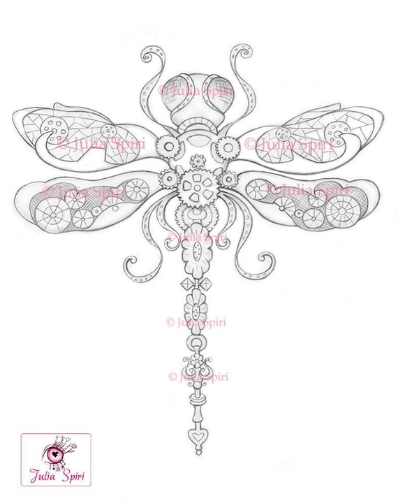 Steampunk coloring page digital stamp black white digi gears mechanic metal iron gear crafting fantasy whimsy steampunk dragonfly