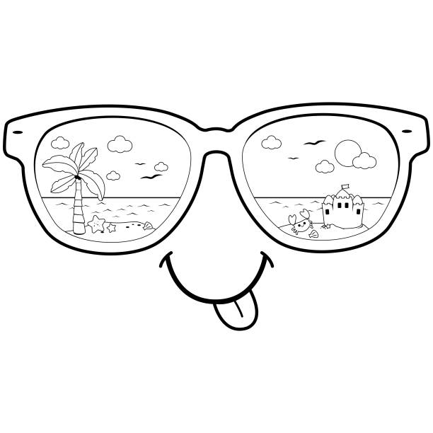 Summer beach scene reflected in sunglasses vector black and white coloring page stock illustration