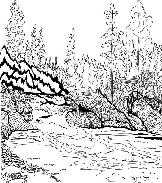 Landscape with waterfall hand drawn patterns for coloring stock illustration