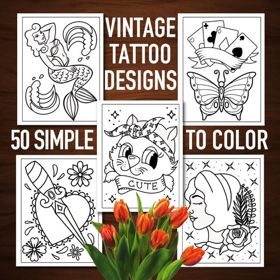 Vintage tattoo coloring book simple tattoo illustrations large prints printable pages x stress reliefrelaxation instant download pdf