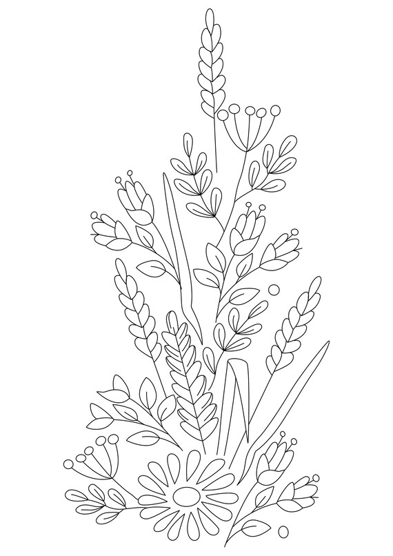 Digital coloring pages wheat and flowers floral pattern