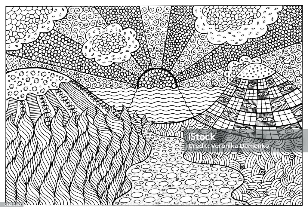 Doodle surreal landscape coloring page for adults fantastic graphic artwork vector illustration stock illustration