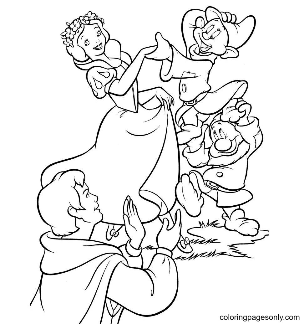 Dibujo para colorear blancanieves estã feliz con el prãncipe y los enanos