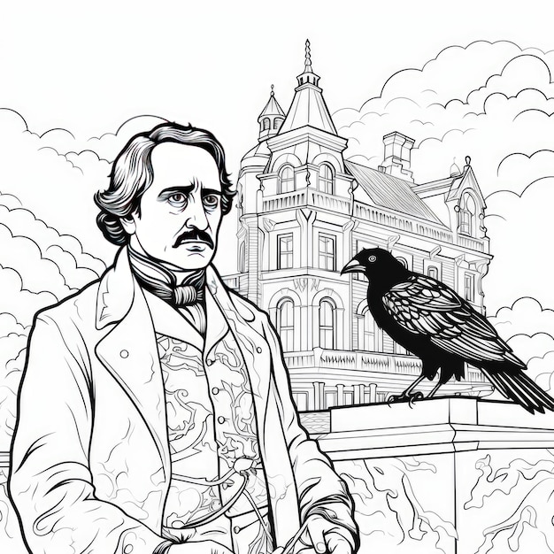 Premium ai image the enigmatic world of edgar allan poe a ravenfilled coloring page with gothic atmosphere and intr