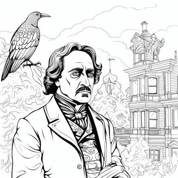 Premium ai image gothic raven coloring page edgar allan poes eerie atmosphere es to life
